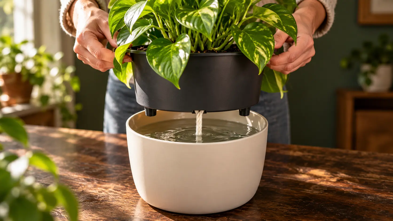 Hands lifting a pothos planter insert to reveal a water reservoir and wick.