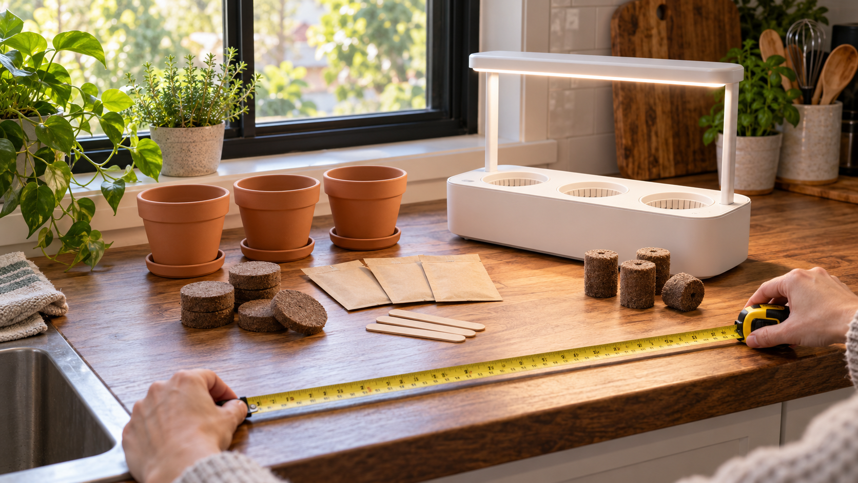 Comparing seed-starting supplies and an illuminated indoor growing unit while measuring kitchen counter space.