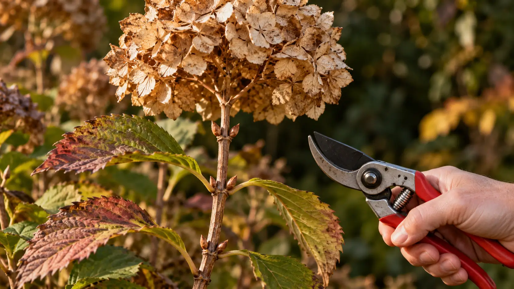 Dried autumn hydrangea flower head above a woody stem with visible side buds as a hand holds bypass pruning shears nearby.