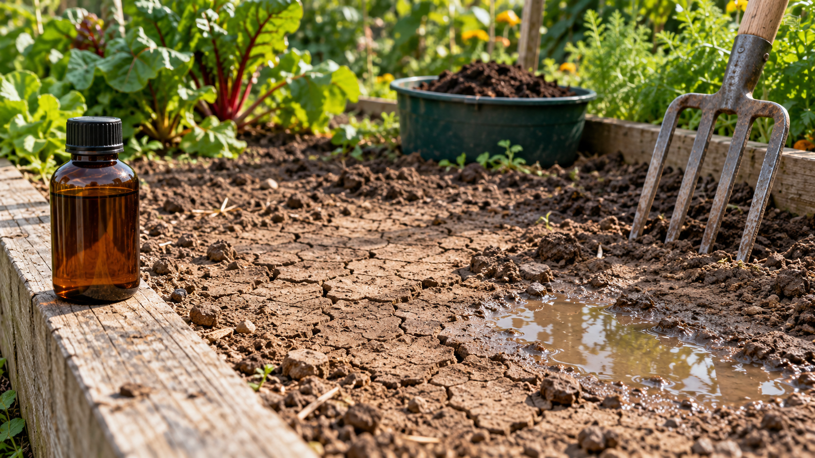 Cracked garden soil beside an amber bottle, digging fork and compost.