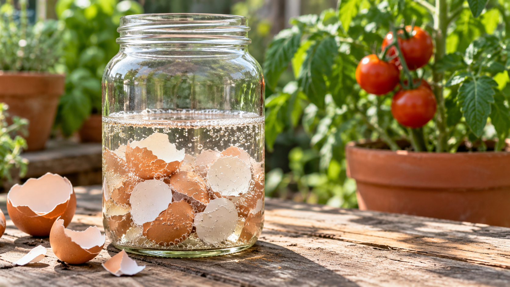 Eggshell pieces bubbling in an open jar of vinegar beside a potted tomato plant.