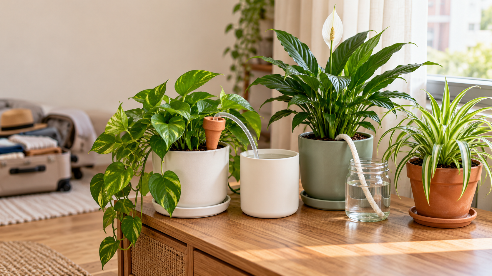 Indoor houseplants arranged near a window with simple water-reservoir and wick setups as a suitcase sits nearby.