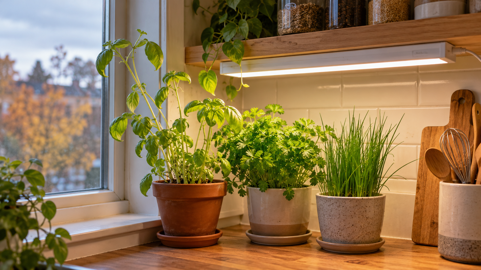 Leggy potted basil beside parsley and chives beneath a kitchen shelf LED grow light in autumn.
