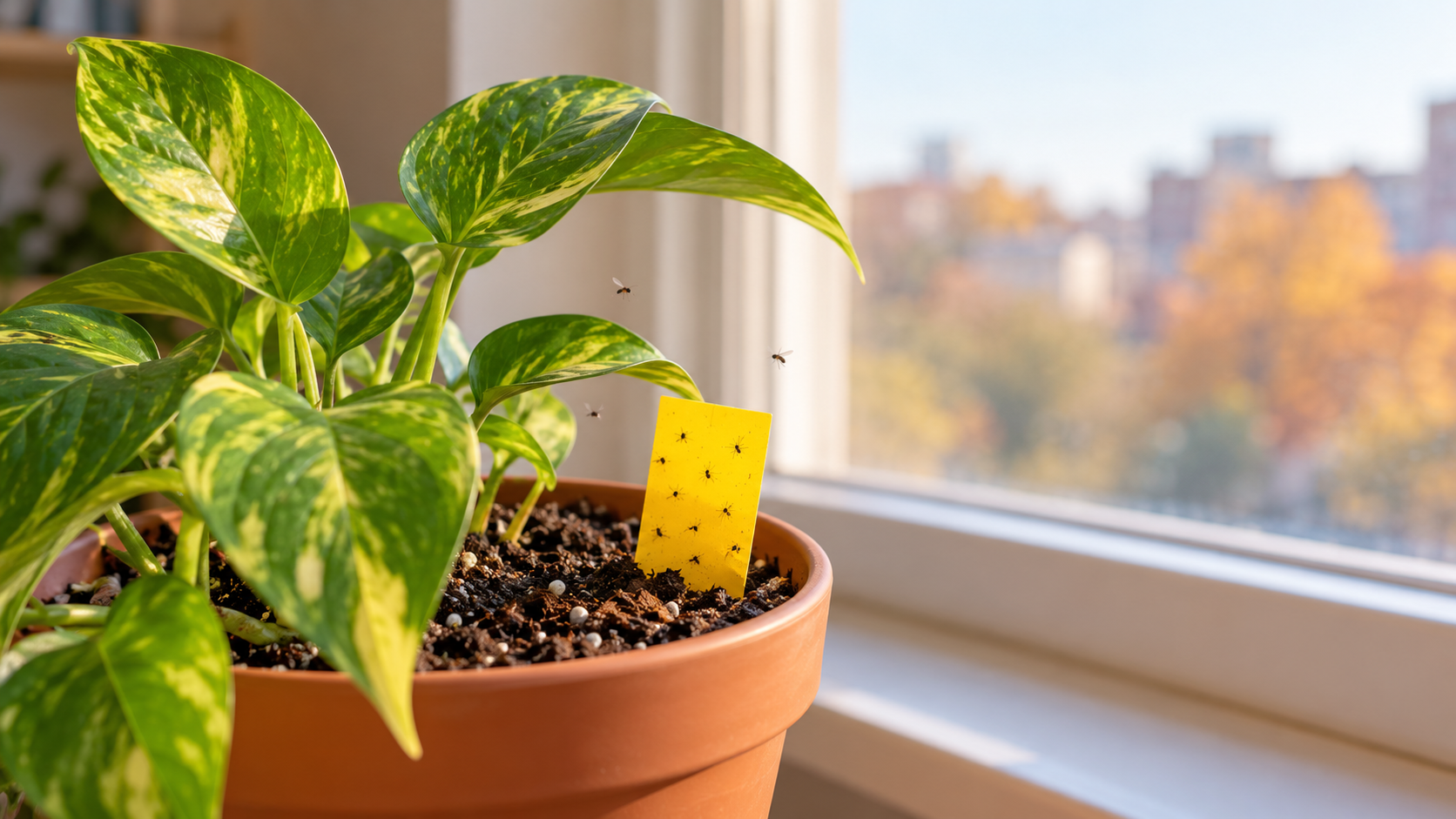 Golden pothos in a terracotta pot beside a window, with a yellow sticky card catching small fungus gnats near the soil.