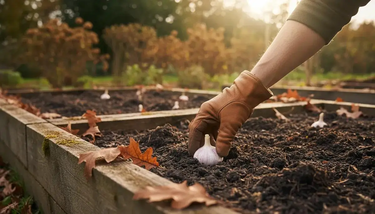 Gardener planting a garlic clove point-up in a raised bed of rich soil during autumn.