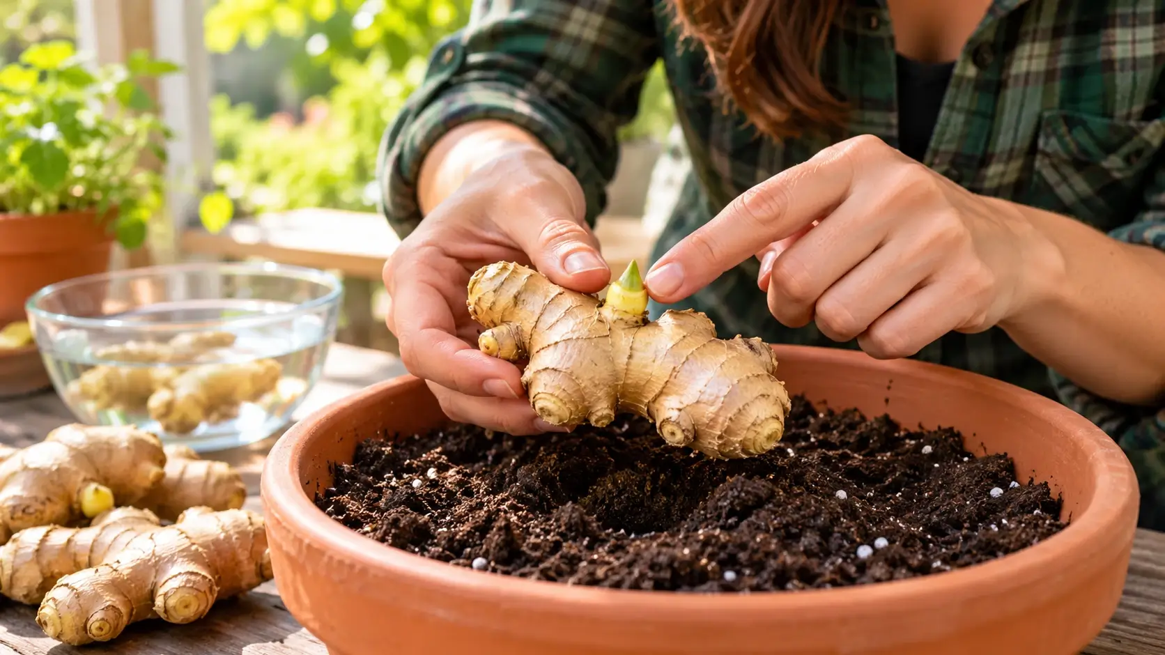 Woman examining a sprouting ginger rhizome above a wide pot of soil, with ginger and water nearby.