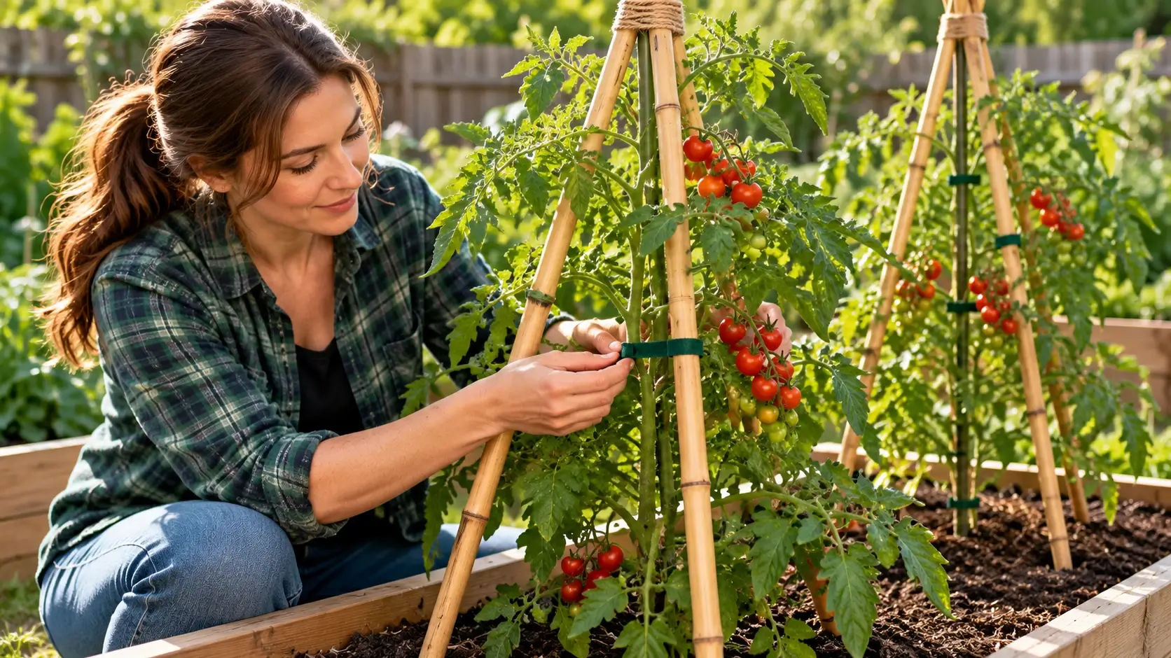 Gardener securing a cherry tomato stem with a green soft tie to a bamboo tripod in a raised garden bed.